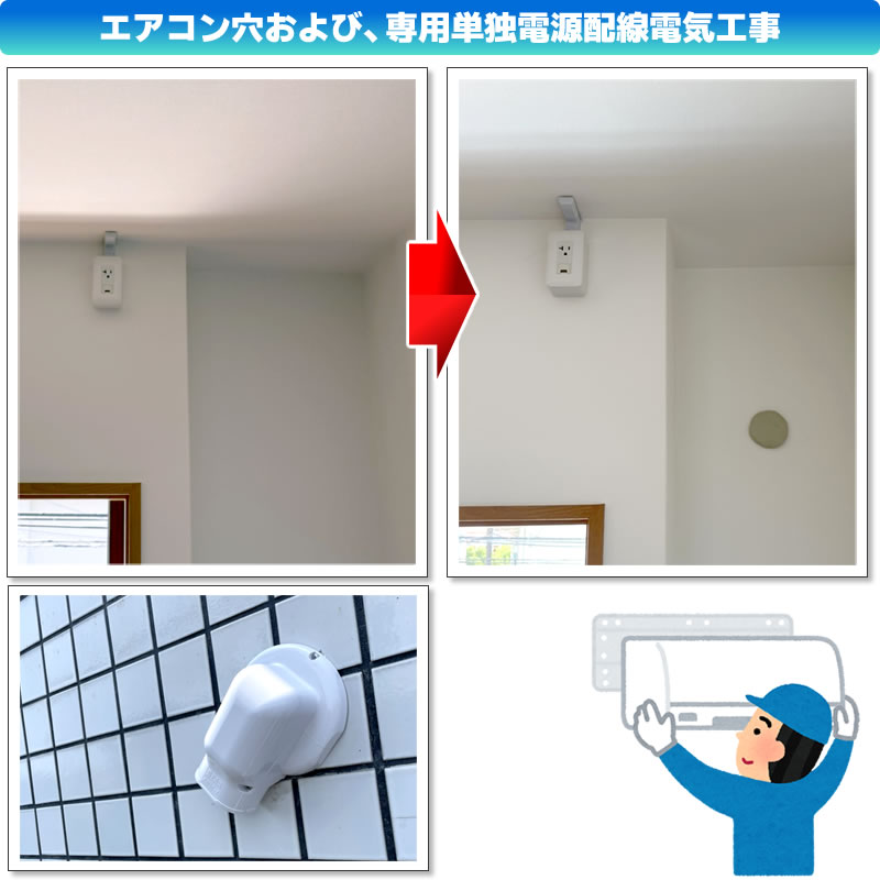 エアコン穴および、専用単独電源配線電気工事(神奈川県川崎市多摩区)